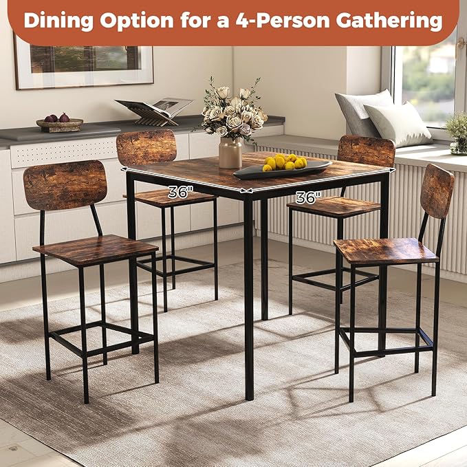 COSTWAY Dining Table Set for 4, 5-Piece Square Kitchen Nook Dinette Set with 4 Bar Stools with Footrest, Backrest, Space-Saving Design, Industrial Kitchen Table and Chairs for Apartment, Coffee
