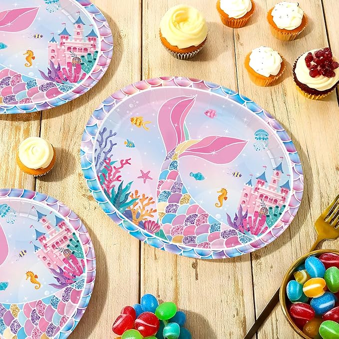 50Pcs Mermaid Birthday Oval Paper Plates 10" x 12" Large Disposable Heavy Duty Iridescence Paper Platters Mermaid Themed Dessert Plates for Under the Sea Themed Birthday Party Supplies