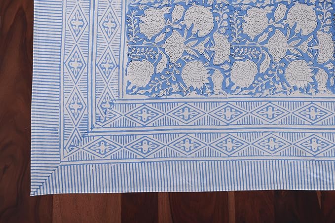 ATOSII Azora Blue 100% Cotton Rectangle Fall Tablecloth, Handblock Floral Print Linen Table Cloth for Kitchen Dining I Parties, Outdoors, Christmas, Thanksgiving I 72 X 140 Inches I 12 Seater