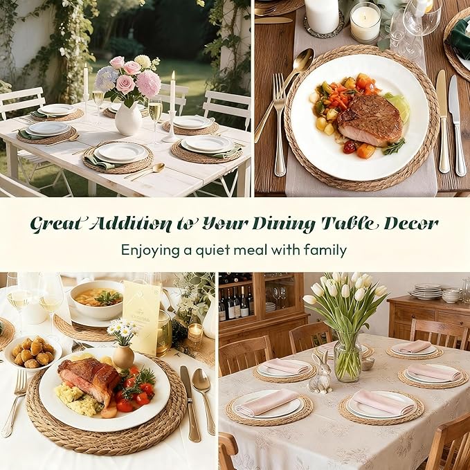 Round Woven Placemats 12 inch Set of 6 - Boho Farmhouse Natural Rattan Table Mats for Dining, Circular Place Mats for Kitchen Table Decor, Farmhouse Weave Placematsfor Dining Table Decor