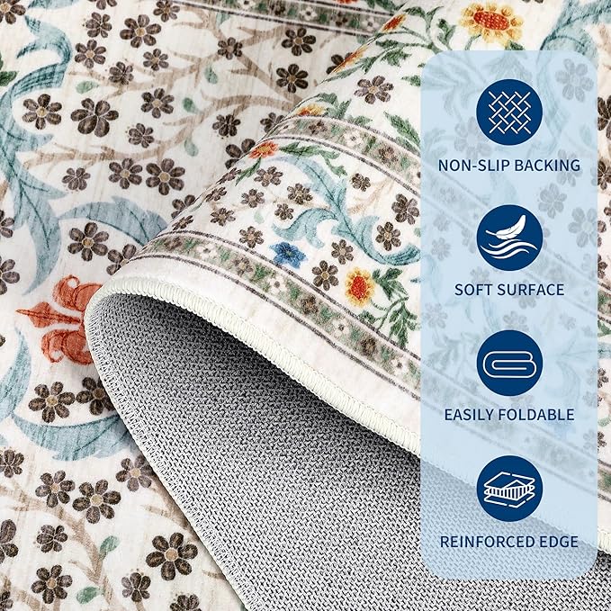 GarveeHome Washable Kitchen Runner Rug, Floral 2x6 Rug for Hallway Non Slip Stain Resistant, Ultra-Thin Boho Soft Hallway Rug for Entryway, Laundry Room Floor Mat, Beige