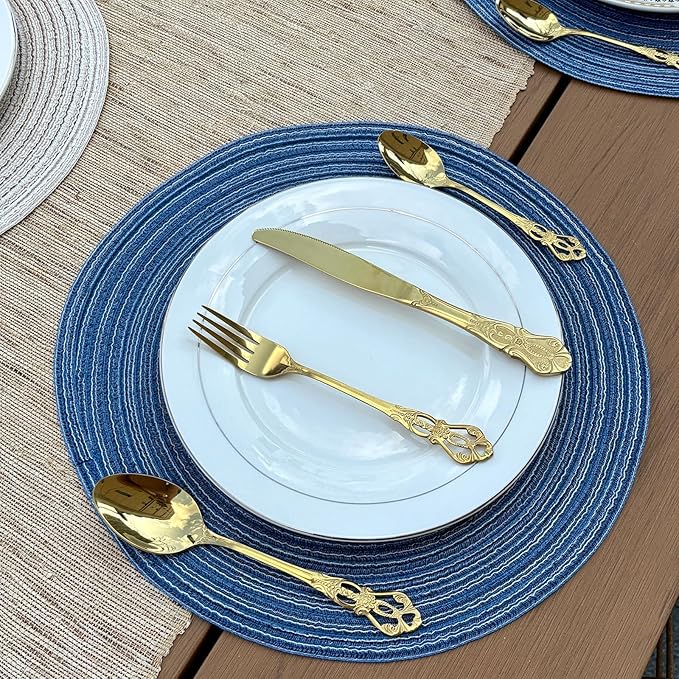 Blue Woven Placemats Set of 8,Washable Wipeable Woven TableMats Set of 8, Rattan Look Placemats,Blue ocen-Like placemats 15 Inch(Blue White)