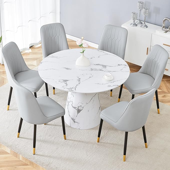 Round Dining Table Set for 6, 45" Modern Faux Marble Kitchen Table and Upholstered Chairs, 7 Piece Circle Dinner Set for Dining Room, Kitchen (White Set)