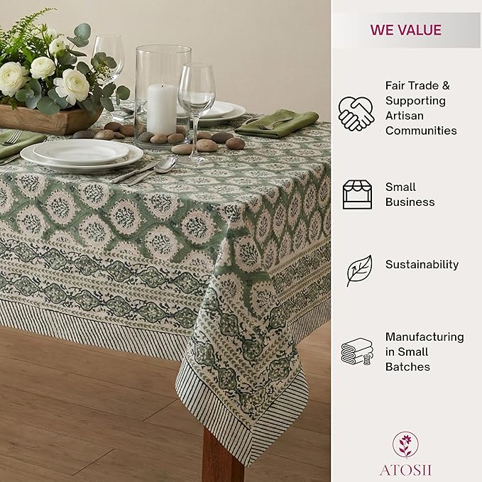 ATOSII Kari Green 100% Cotton Rectangle Boho Summer Tablecloth, Block Print Floral Table Cloth Linen for Dining, Parties, Wedding, Outdoors Home Decor 72 X 108 Inches I 8 Seater I