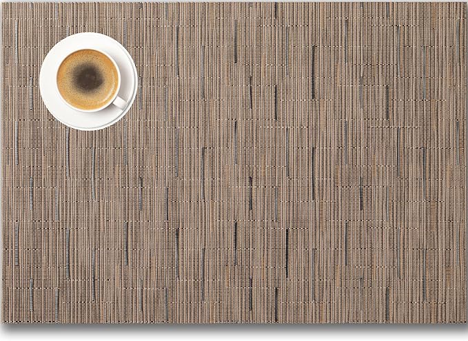 Placemats Set of 12 - Easy Clean Woven Vinyl Placemats for Dining Table, Indoor/Outdoor Place Mats, Washable PVC Table Mats （Light Brown）