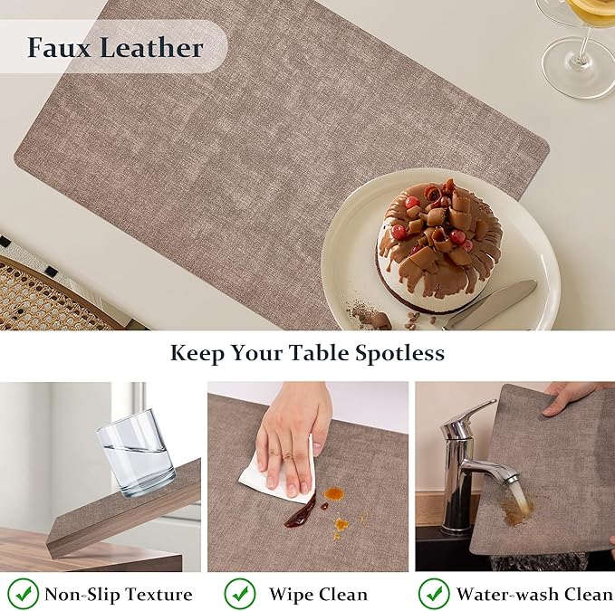 FROMHEART Faux Leather Placemats Set of 4–Waterproof,Heat/Oil Stain-Resistant PU Table Mat–Reversible,Non-Slip,Easy to Clean Place Mats for Kitchen,Dining,Indoor/Outdoor,(Dark Coffee,11.8" x 17")