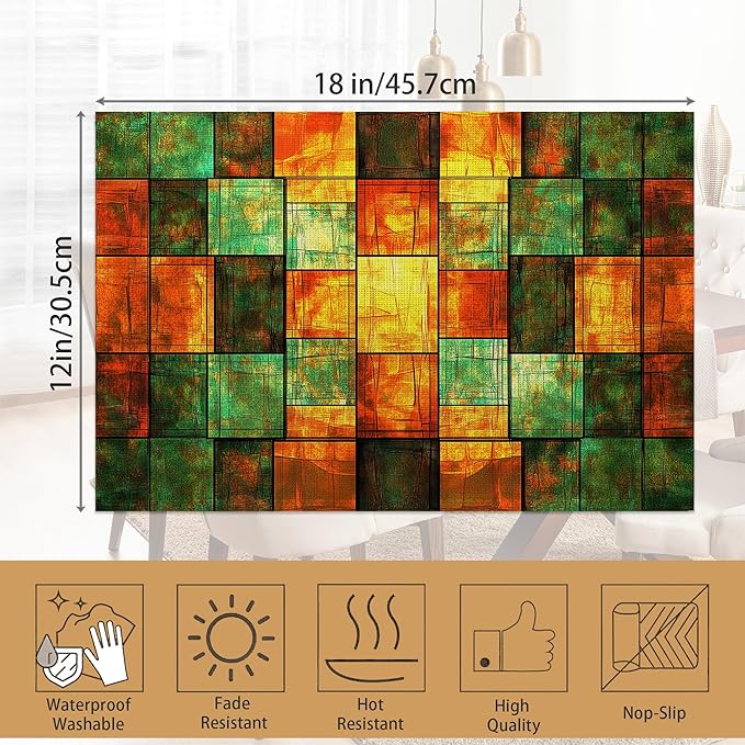 Texture Tiles Placemats Set of 6,Stained Glass Waterproof Non-Slip Washable Table Mats for Kitchen Dining Holiday Party Wedding Decor 12x18 Inch