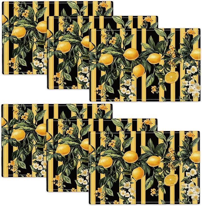 Lemon Placemats Set of 6, Yellow Lemon Place Mats, Fruit Waterproof Washable Table Mats for Home Party Indoor Kitchen Dining Table Decoration 12x18 Inch
