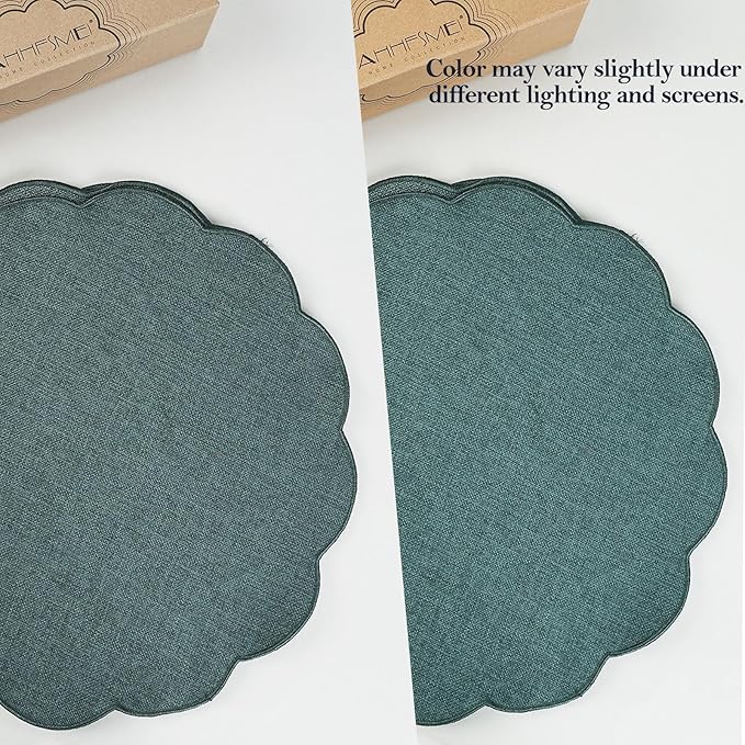 AHHFSMEI Round Faux Linen Placemats Set of 6 Waterproof Table Mats Heat Resistant Non-Slip and Stain Proof for Kitchen Dining Elegant Decor (Forest Green,6)