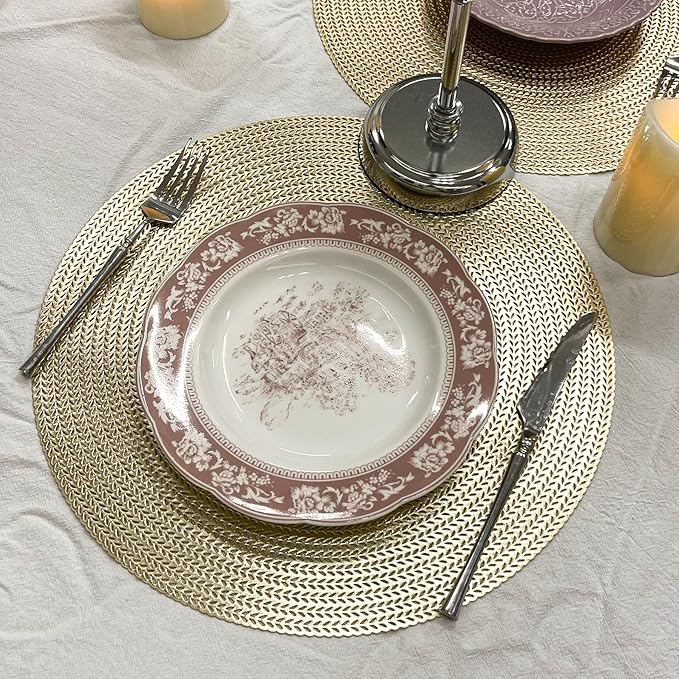 Set of 4 PVC Gold Textured Round Placemats Dinning Kitchen Table Mats Decorations Setting for Christmas Wedding Thanksgiving Party Event Holiday Autumn Harvest 15 Inch
