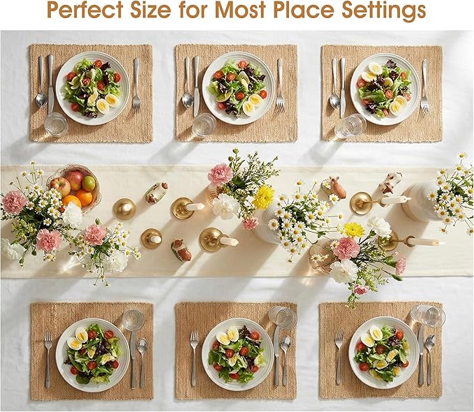 Handmade Ramie Placemats Set of 6, 12"x18" Eco-Friendly Natural Woven Table Mats for Dining Table, Heat-Resistant & Washable Natural Fiber Placemats for Kitchen, Farmhouse, Boho & Home Decor