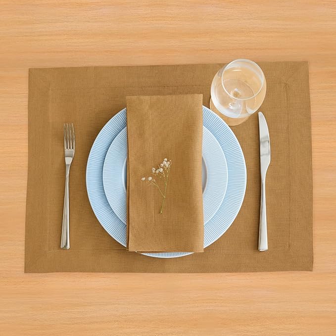 Solino Home Linen Napkins Set of 4-100% Pure Linen Caramel Dinner Napkins Cloth 20 x 20 Inch for Spring, Easter - Fete, Handcrafted and Machine Washable