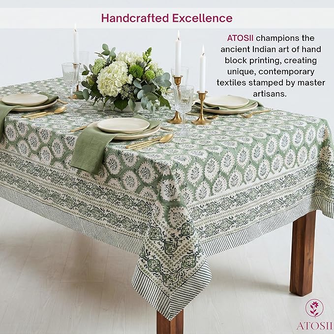ATOSII Kari Green 100% Cotton Rectangle Boho Summer Tablecloth, Block Print Floral Table Cloth Linen for Dining, Parties, Wedding, Outdoors Home Decor 72 X 108 Inches I 8 Seater I