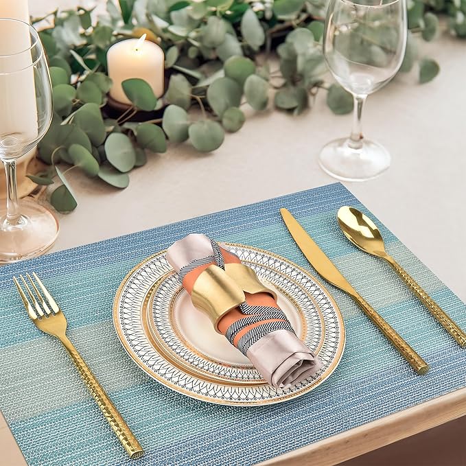 SLKQG Placemats Set of 8 - Easy Clean Washable Vinyl Placemats - Wipeable Heat Resistant Table Mats for Dining Table - 17.7x11.8 Inch (8, Blue Gradient)