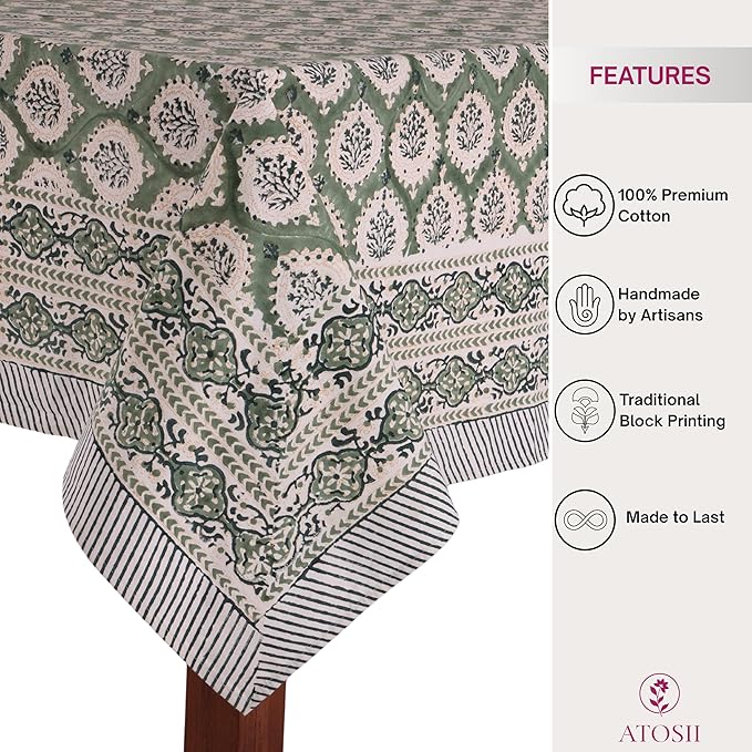 ATOSII Kari Green 100% Cotton Rectangle Boho Fall Tablecloth, Handblock Floral Table Cloth Linen for Kitchen Dining I Parties Wedding Outdoors Christmas Thanksgiving I 72 X 120 Inches I 10 Seater