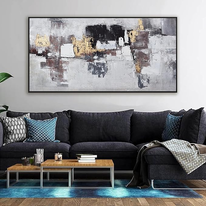 Abstract Wall Art Modern Abstract Artwork Canvas Prints Picture Black Gold Graffiti Modern Wall Artwork Bedroom Living Room Office Decoration Ready To Hang 24"x48" With Framed