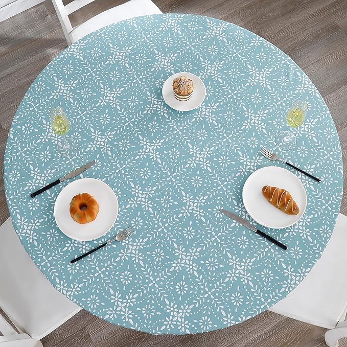 Walrus Round Vinyl Fitted Tablecloth with Flannel Backing Elastic Edge Design Table Cover Waterproof Oil-Proof PVC Table Cloth Stain-Resistant Best for 37"-44" Round