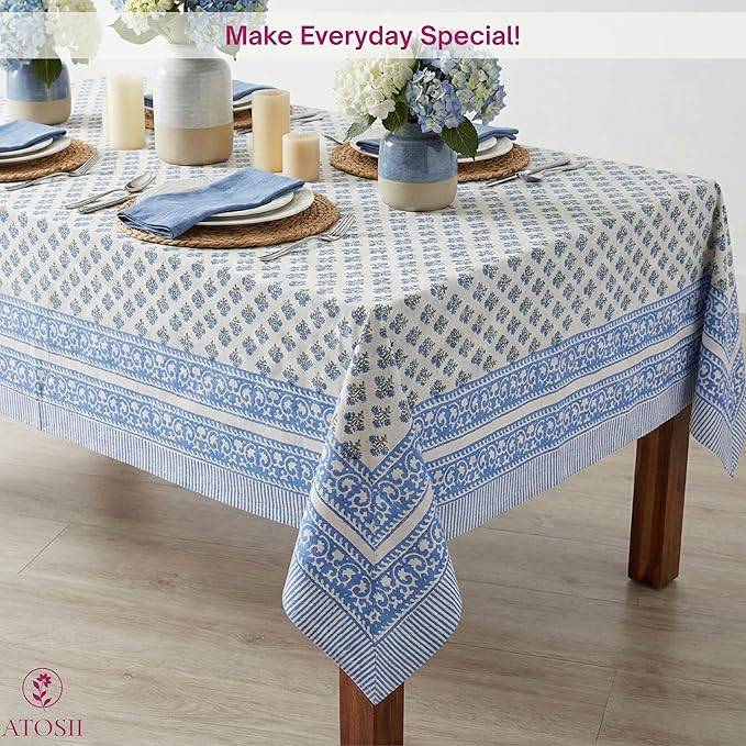 ATOSII Gulbahar Blue 100% Cotton Fall Rectangle Tablecloth, Handblock Print Floral Table Cloth for Kitchen Dining Linen I Thanksgiving Christmas Weddings Outdoors I 72 X 108 Inches I 8 Seater