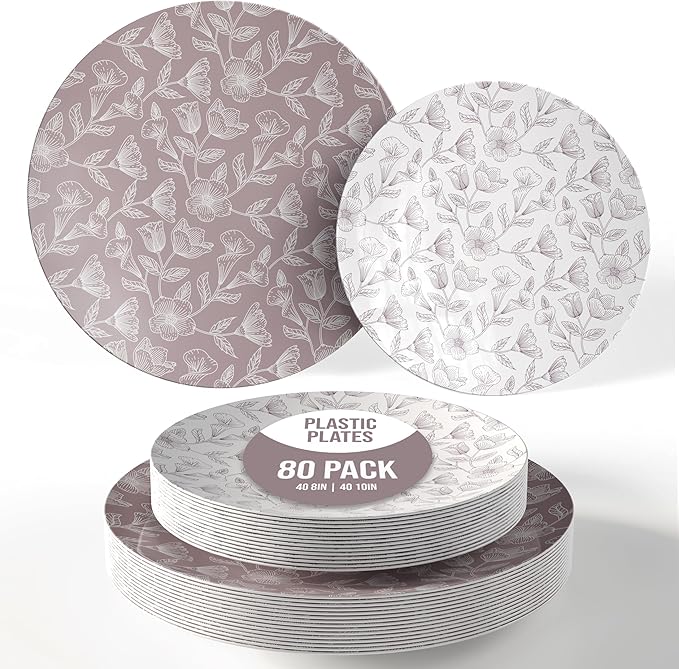 Trendables Disposable Dinnerware Decorative Plates Plastic Disposable Plates Set For 40 Guests 40 x 8 Inch Dessert Plate & 40 x 10 Inch Wedding Party Plate Set Blossom Circle