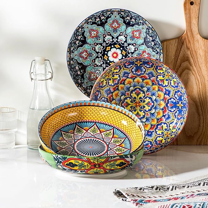 HENXFEN LEAD Pasta & Salad Bowls Set of 4, 45 oz Large Ceramic Serving Bowls – Colorful 9 Inch Wide & Shallow Bowls for Soup & Pasta, Microwave & Dishwasher Safe