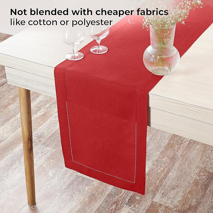 D'Moksha Homes Linen Bright Red Table Runner 108 Inches Long - 100% Pure Linen 14 x 108 Inch Table Runner for Valentines, Spring, Easter - Classic Hemstitch