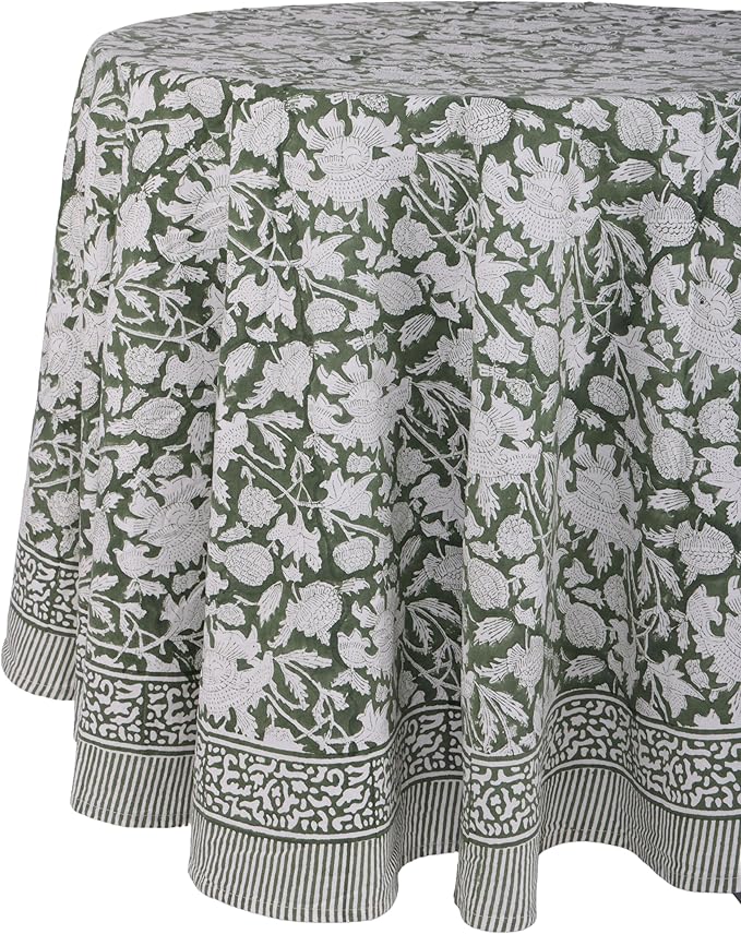 ATOSII Meraki Green 100% Cotton Round Tablecloth, Handblock Print Floral Table Cloth for Kitchen Dining Linen I Parties, Weddings, Outdoors, Christmas I Fall Home Decor 60" Inches Round