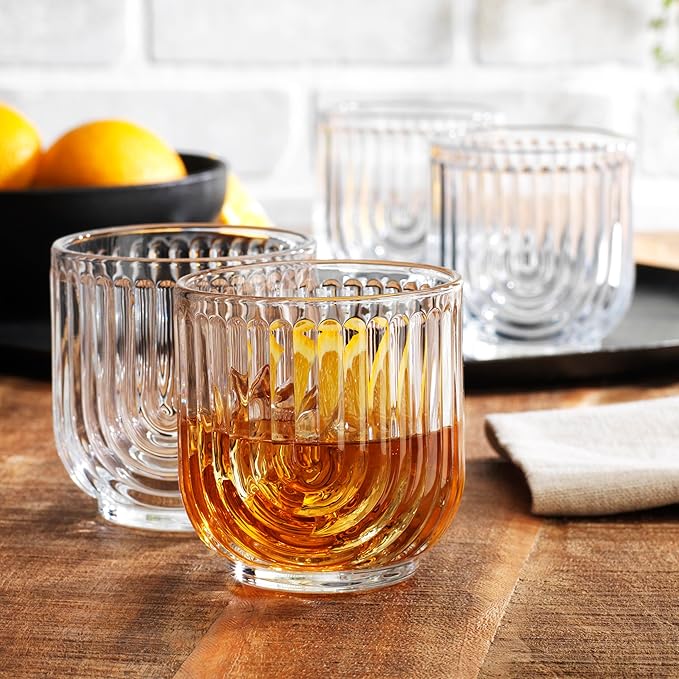 Glaver's Vintage Glassware Art Deco Glasse Ribbed Drinking Glasses U-Shape Arch Design Colored Cocktail Kitchen Tumblers Everyday Dinner Decorative Party (Clear S/4 11oz)