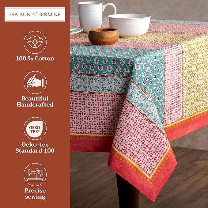 Maison d' Hermine Table Cloth Rectangle Table 100% Cotton 60 x 90 Inches Tablecloth Reusable Decorative for Dining Room Farmhouse Home Valentines Day Decorations Spring Summer - Provence