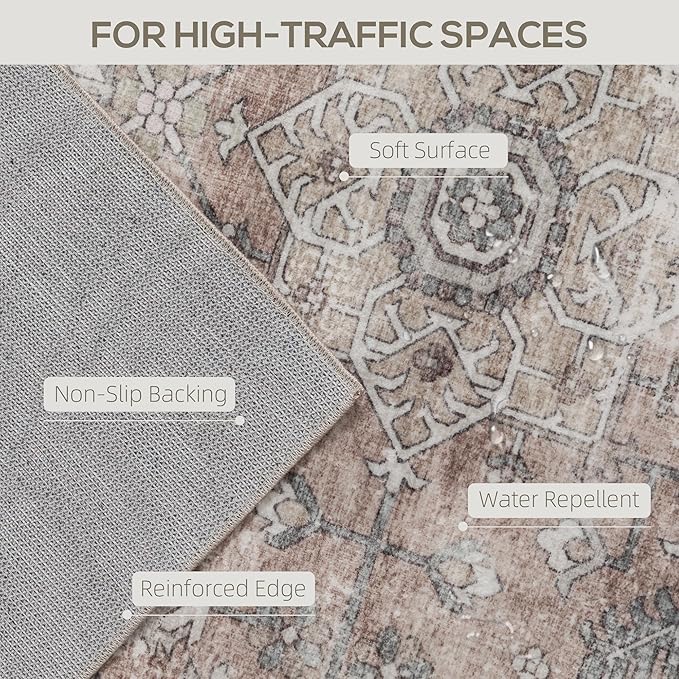 HOMCOM Washable Area Rug, 4'x6' Vintage Indoor Distressed Carpet, Retro Floor Cover Foldable, Floral Print Mat for Living Room, Bedroom, Dining Room, Tan