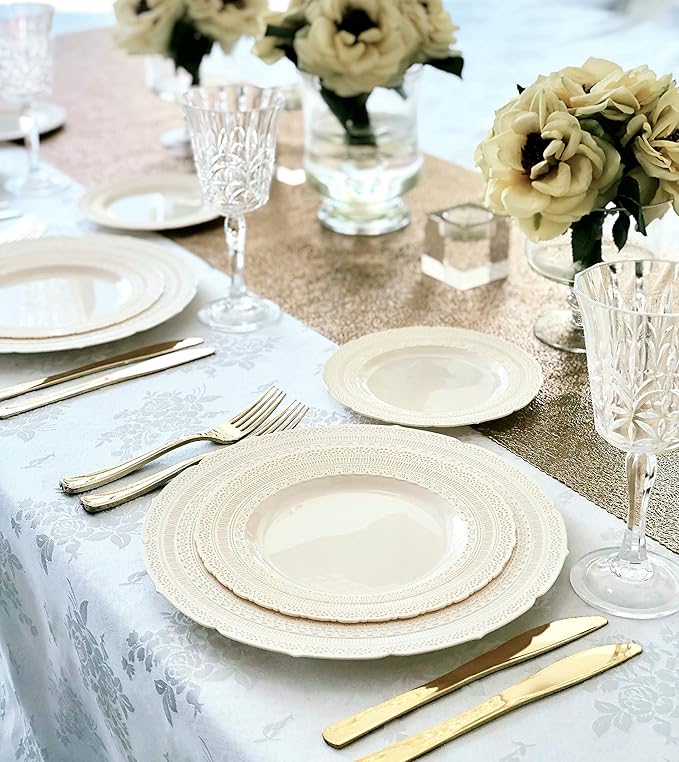 " OCCASIONS " 120 Plates Pack,(60 Guests) Extra Heavyweight Vintage Wedding Disposable/Reusable Plastic Plates 60 x 11'' Dinner + 60 x 8.25'' Salad/Dessert Plate (Chateau Ivory)