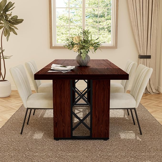 7-Piece Dining Table Set for 6 People, 70.8" MDF Kitchen Table with 6 Velvet Chairs, Space-Saving for Dining Room, Breakfast Nook(Walnut Table+6 Beige Chairs)