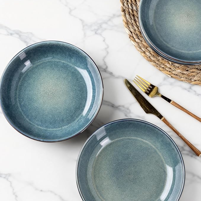 AmorArc 8.5'' Large Ceramic Pasta Bowls Set, 36oz Stoneware Bowls Set of 6 for Kitchen, Reavtive Glaze Bowls-Microwave,Dishwasher Safe for Pasta,Salad,Oatmeal-Ceylon Blue