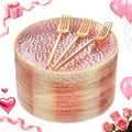 DaYammi 240Pcs Pink Plastic Plates Including 120Pcs Pink Dessert Plates and 120Pcs Gold Plastic Forks,Hammered Party Plate,pink and Gold Appetizer plates Heavy duty Disposable Cake Plate for Party