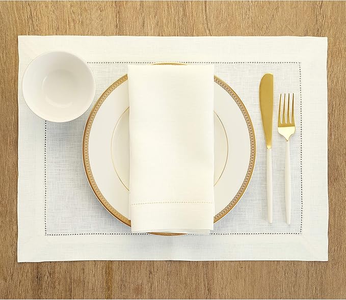 Solino Home Linen Placemats Set of 4 - Classic Hemstitch Ivory Placemats 14 x 19 Inch - 100% Pure Linen Table Mats for Spring, Easter