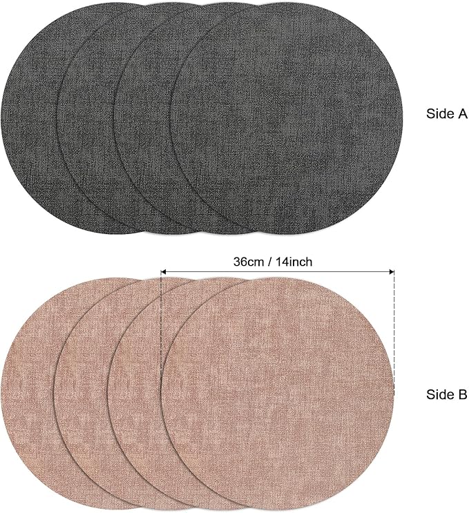 Myir JUN Round Placemats Dual Sided, Faux Leather Place Mats Set of 4 Indoor Placemats for Dining Table Outdoor Placemats Non-Slip Washable Table Mats (Set of 8, Gray Pink)