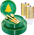 WDF 150pcs Christmas Plates Plastic Disposable - 25 Guests Green Plates with Gold Tree, Clear Gold Cups, Perfect for Christmas Parties