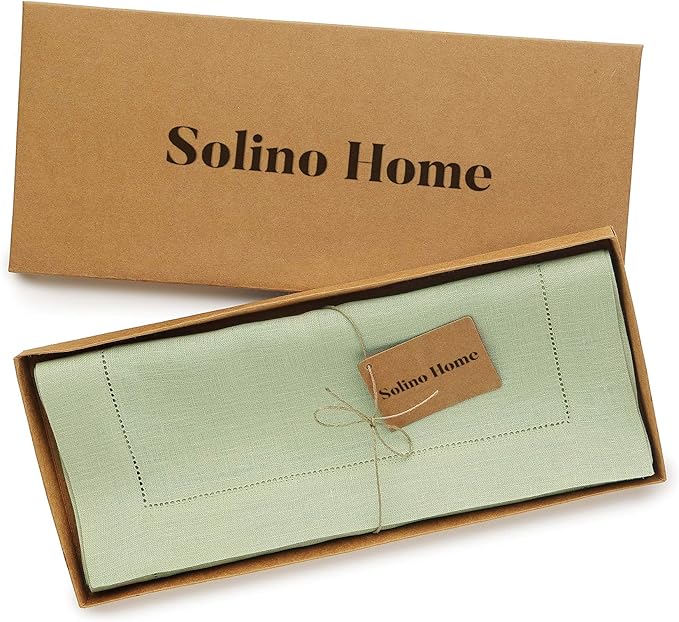 Solino Home Linen Sage Green Table Runner 90 Inches Long - 100% Pure Linen Hemstitch 14 x 90 Inch Table Runner for Dining, Spring, Easter, St Patricks Day - Classic Hemstitch