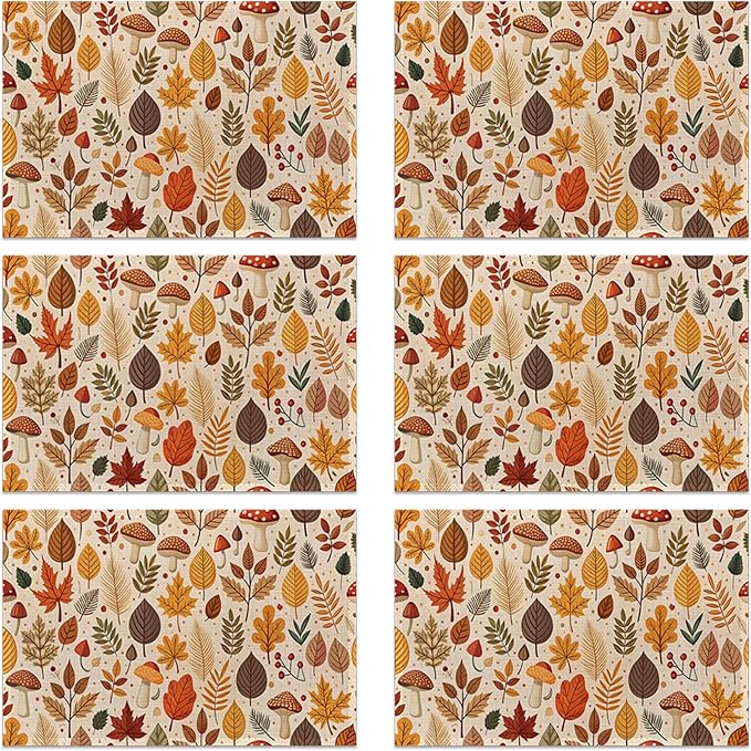 Fall Plastic Placemats, Halloween Thanksgiving Vinyl Placemats 12x18 Inch Waterproof Non-Slip Washable Table Mats for Kitchen Dining Party Table Decor,Set of 6