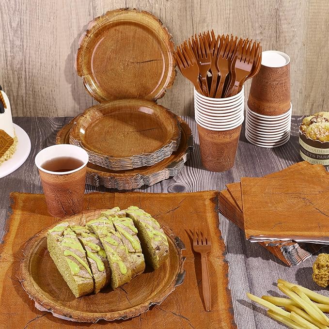 Kochorie 400 Pieces Wood Grain Slice Disposable Party Tableware Sets Rustic Wood Party Supplies Including Plates Cups Napkins Cutlery Serves 50 for Camping Birthday Forest Themed Party Decorations