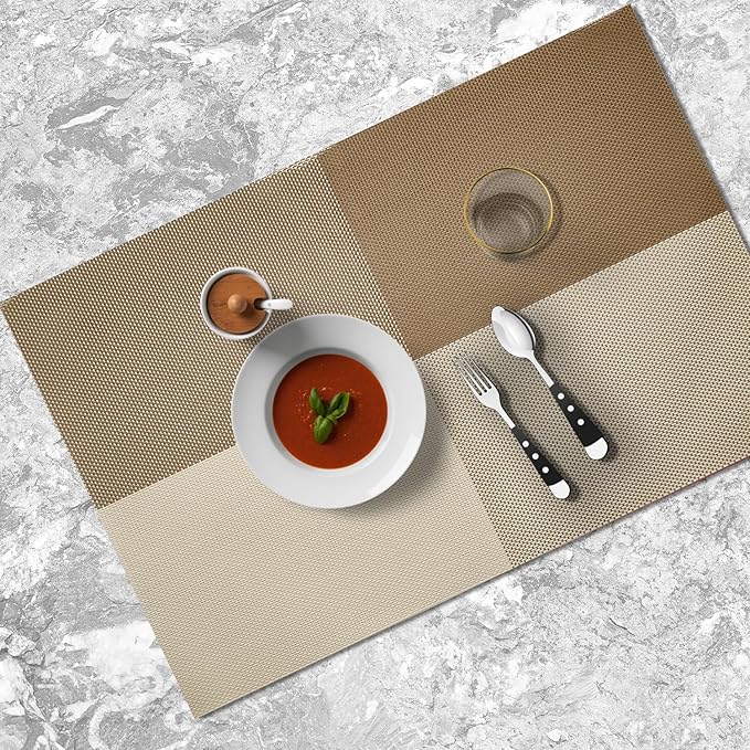 Placemats Set of 4 Vinyl Washable Coffee Square Placemats, 18"x12" Wipeable Heat-Resistant Non-Slip Easy Clean Table Mats Ideal for Dining Table Table Runner and Outdoor (4, Coffee Square)