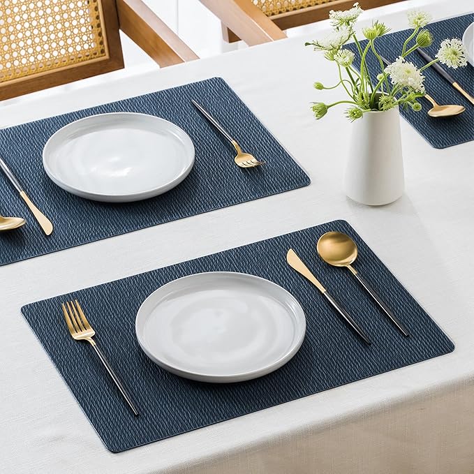 Jovono Faux Leather Placemats Set of 4, Waterproof Washable Table Mats, Easy-Clean Heat Resistant Kitchen Vinyl Place Mat for Dining Table, Restaurant, Indoor, 17.8"x11.8", Blue