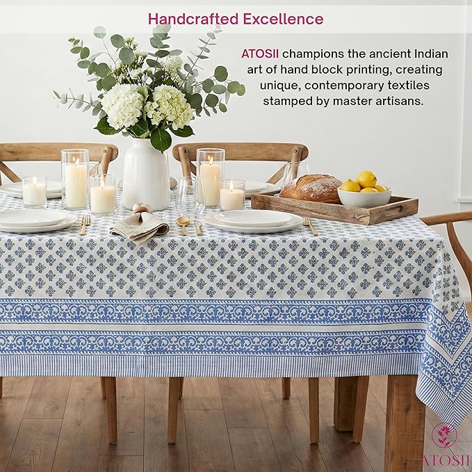 ATOSII Gulbahar Blue 100% Cotton Fall Rectangle Tablecloth, Handblock Print Floral Table Cloth for Kitchen Dining Linen I Thanksgiving Christmas Weddings Outdoors I 72 X 108 Inches I 8 Seater