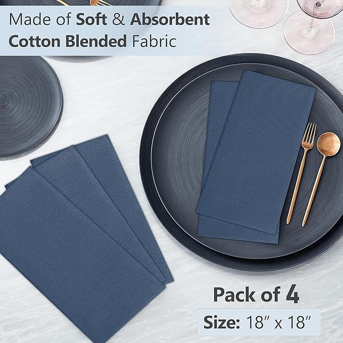 Ruvanti Cloth Napkins Set of 4, 18x18 Inches Napkins Cloth Washable, Soft, Durable, Absorbent, Cotton Blend. Table Dinner Napkins Cloth for Hotel, Lunch, Restaurant, Wedding Parties - Ocean Blue