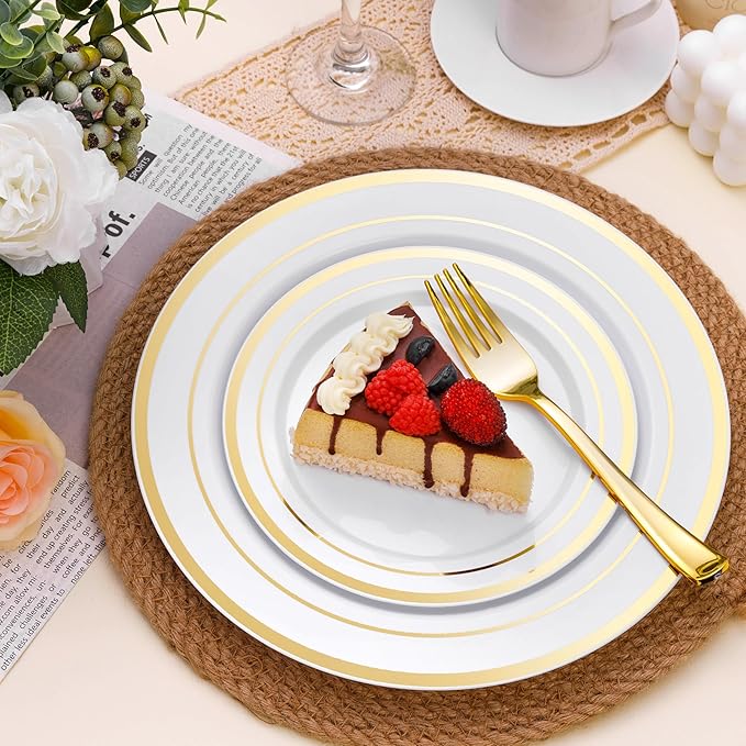 BESTSTAR 100PCS White Plastic Plates for Party, 10.25 Inch Disposable Plates with Gold Rim, Heavy Duty Dinner Plates for Christmas, Party, Wedding and Birthday