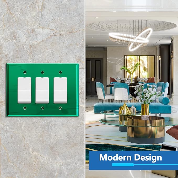 LIDER Reflective Acrylic Decorator Wall Plate, Mirrored Light Switch Plate, Plexiglass Outlet Cover, Acrylic Glass, Oversized 3-Gang 5.25" x 7.06", LWP-33O-AGR, Green