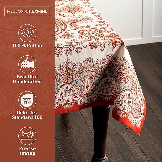 Maison d' Hermine Table Cloth Rectangle Table 100% Cotton 70 x 120 Inches Fall Tablecloth Reusable Everyday Use for Thanksgiving Christmas Decorations Dining Farmhouse Party (Cachemire)