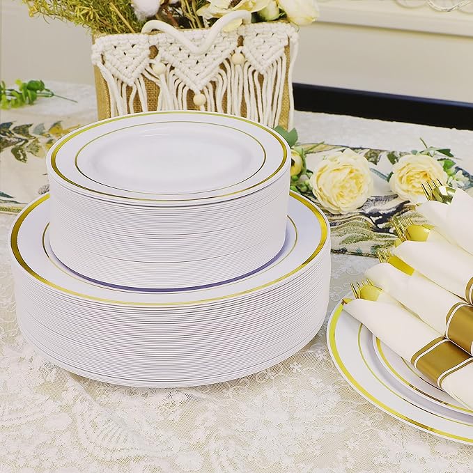Zcaukya 100PCS Gold Plastic Plates, Disposable Plastic Dishes with Gold Rim in Bulk, 50 Pcs Each 10.25 Inch and 7.5 Inch for Dinner, Birthday and Wedding