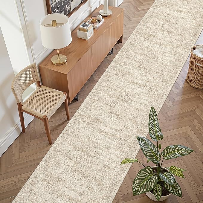 Runner Rug 2'6" x 10' Washable Non-Slip Runner Rugs for Kitchen Bathroom Laundry Room Vintage Ultra Thin Runners for Hallway Entryway Beige