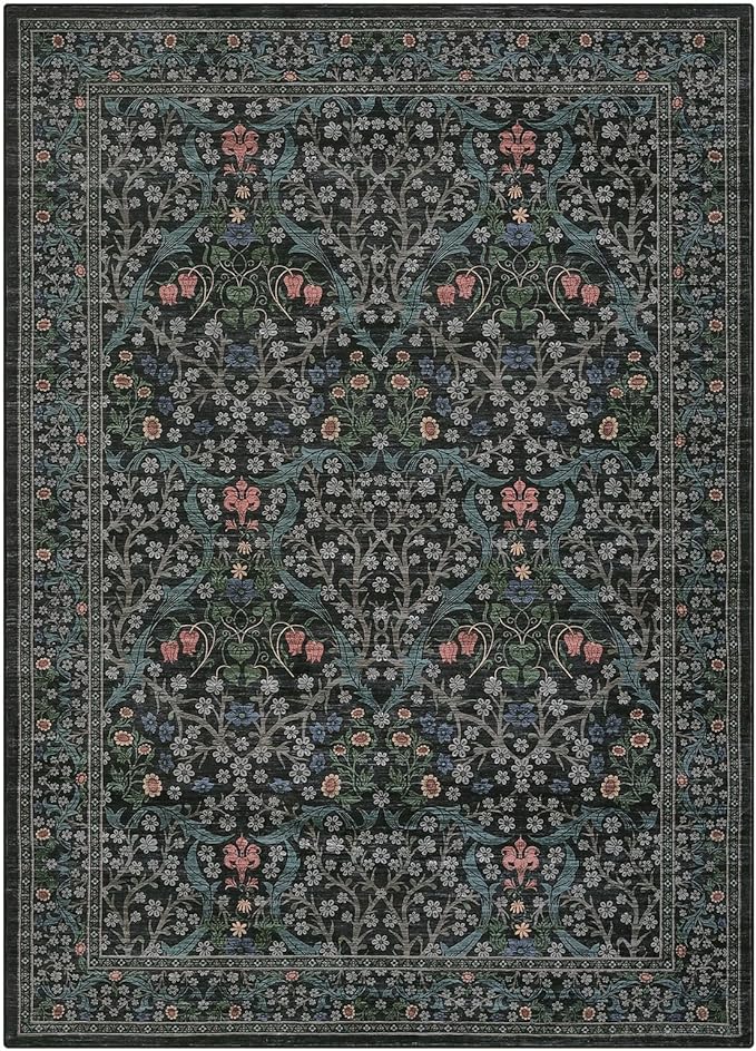 GarveeHome Washable Rug for Living Room, 8x10 Large Area Rug for Dining Room Under Table, Bedroom, Floral Soft Low Pile Non Slip Stain Resistant Carpet for Nursery, Playroom, Office, Dark Black