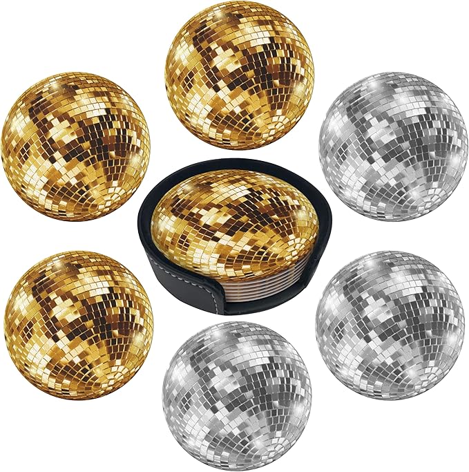 Ball Coasters Leather Round Drink Coasters 6 Pcs Set with Holderor for Cup Drink Coffee Table Bar Home Decor